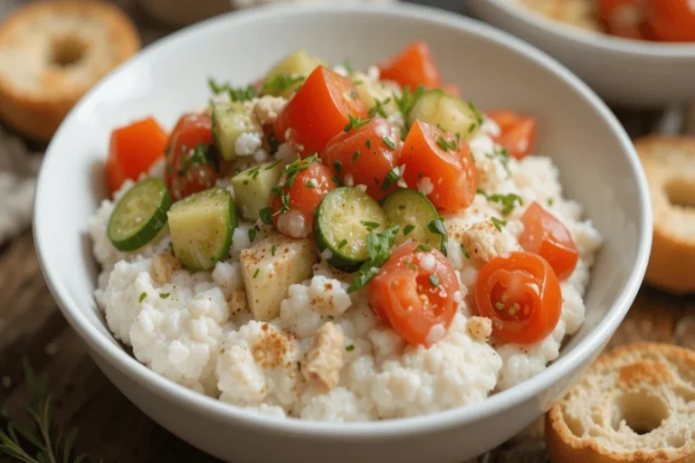 A vibrant bowl of cottage cheese topped with fresh cherry tomatoes, diced cucumber, red onions, and avocado slices, garnished with herbs, served alongside toasted bagel bites.