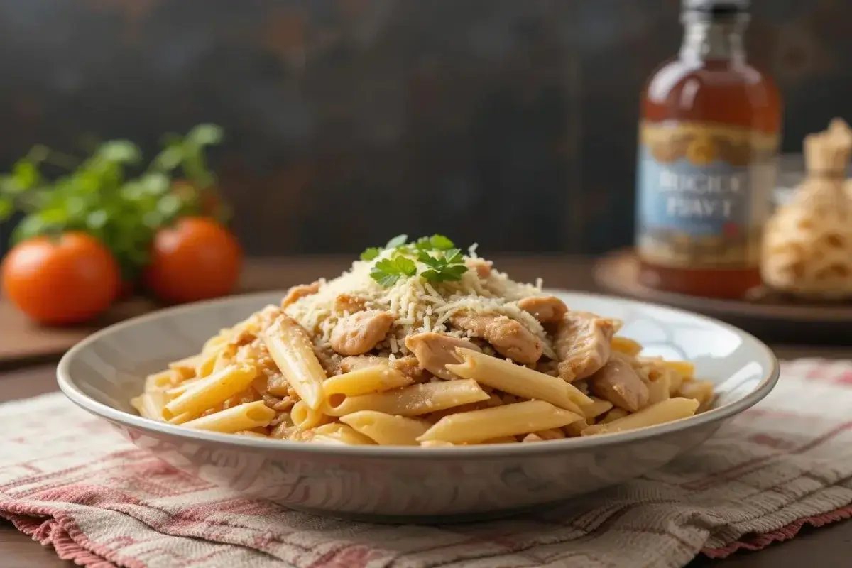 A creamy plate of rotisserie chicken pasta garnished with fresh parsley and grated Parmesan cheese, served in a white dish.