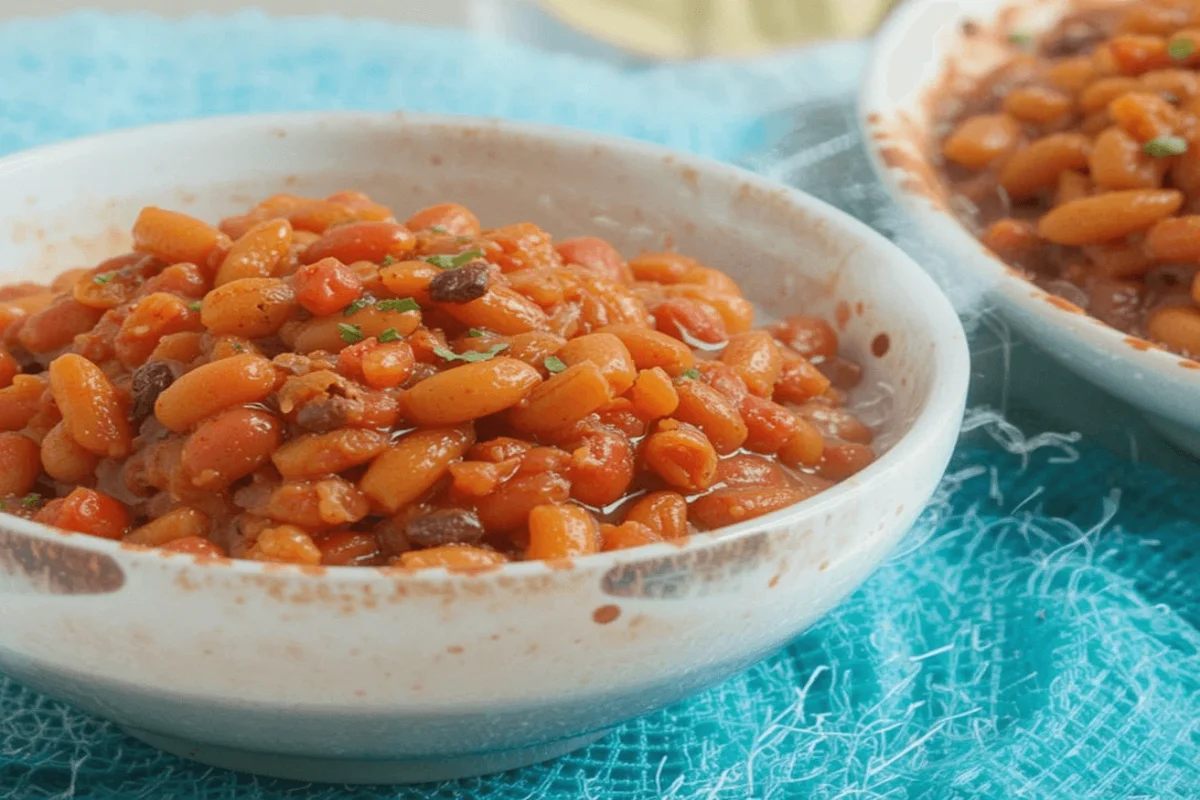 Homemade baked beans in a white bowl, garnished with fresh parsley, placed on a wooden table with a spoon beside it.