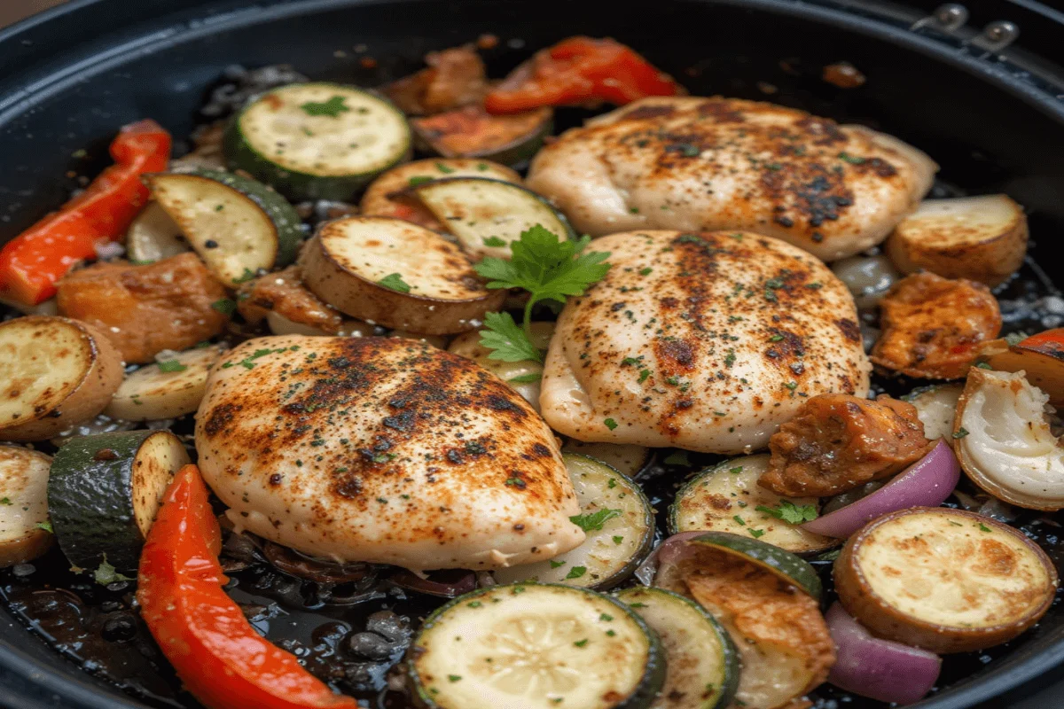 Blackstone griddle grilled chicken and vegetables with a crispy exterior and tender interior, served as a healthy meal option.