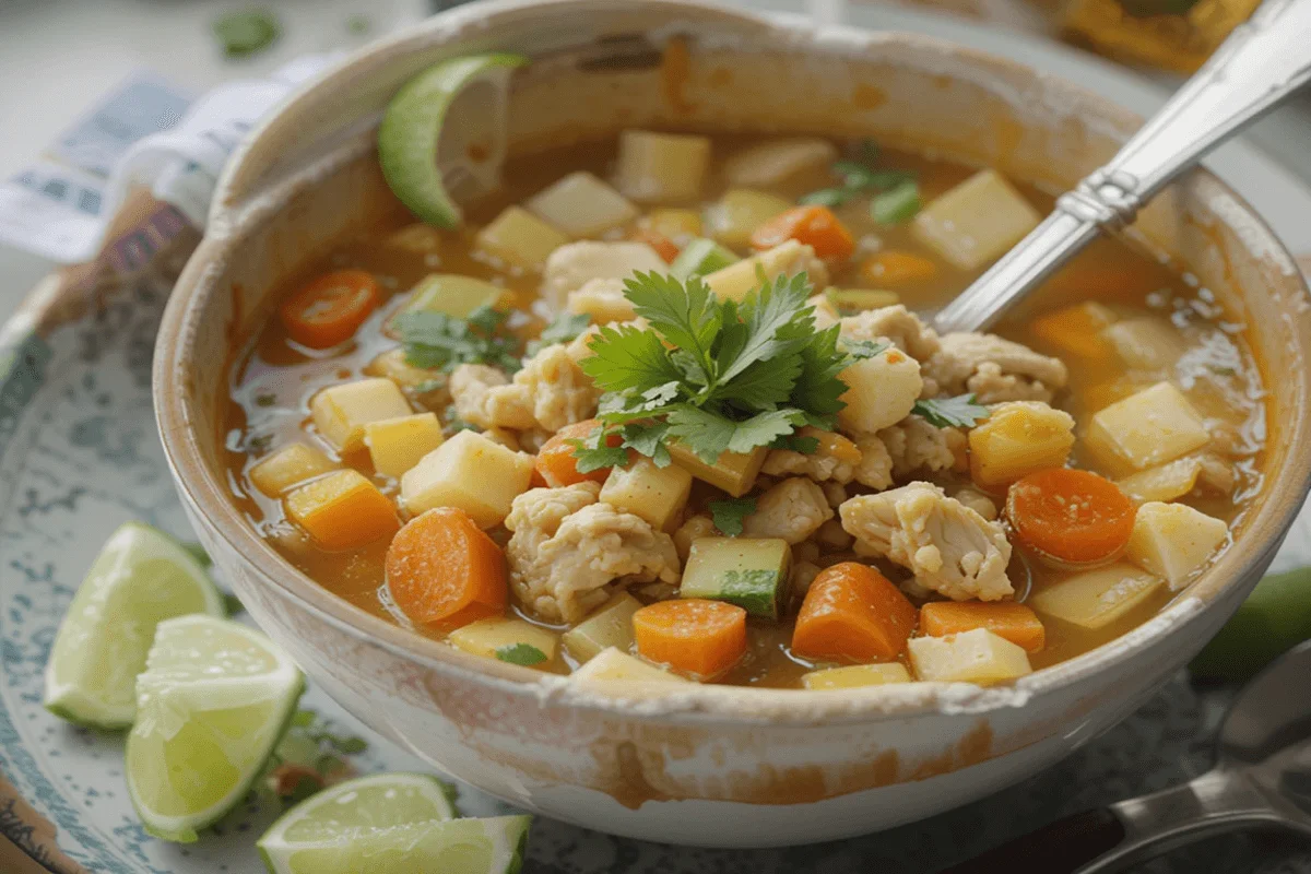 Caldo de pollo served with warm tortillas and lime wedges, perfect for a comforting meal.