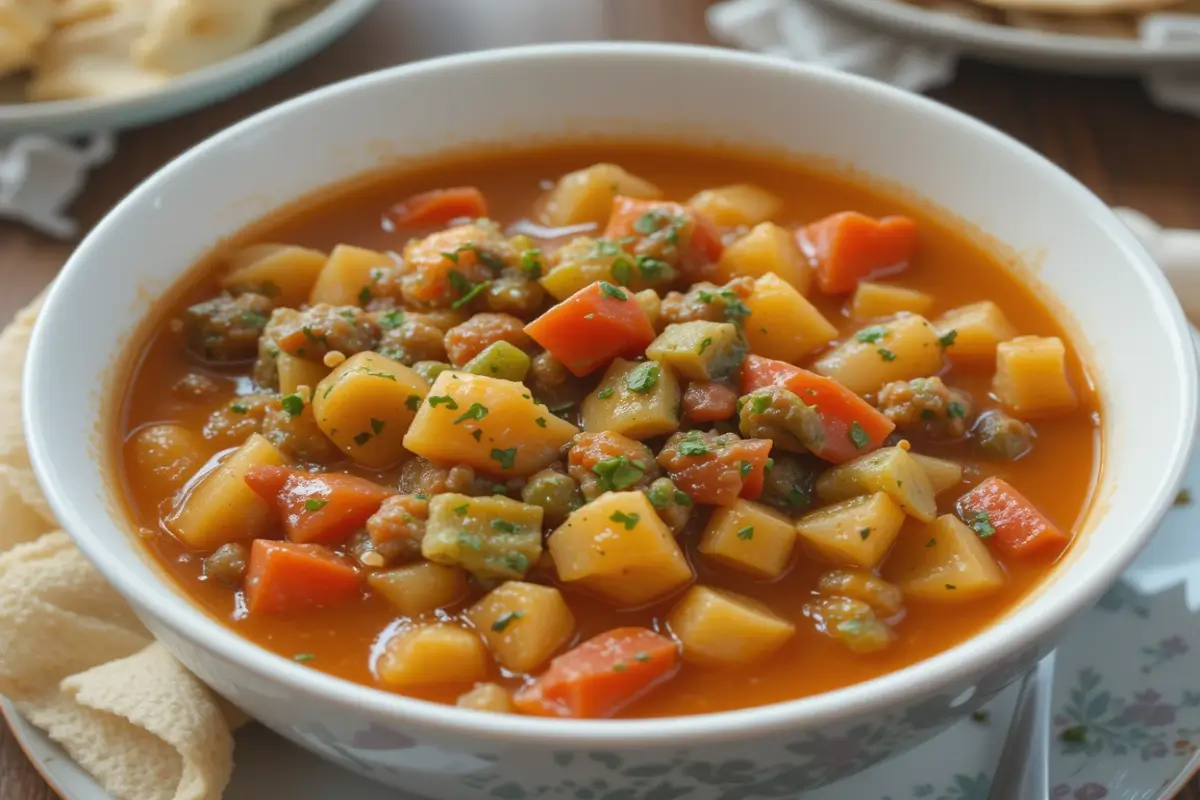 A bowl of hearty canned soup garnished with fresh parsley, served on a wooden table alongside a slice of crusty bread and a spoon.