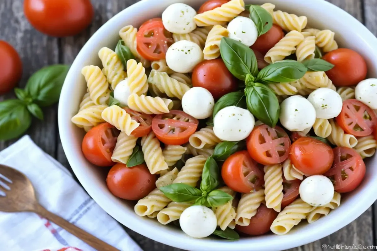 A bowl of Caprese Pasta Salad with cherry tomatoes, mozzarella, basil, and a drizzle of balsamic glaze.