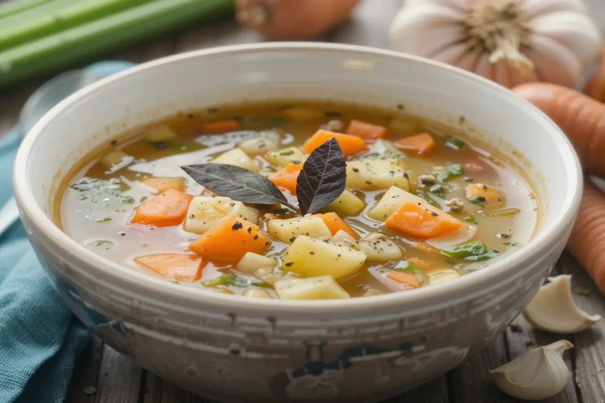 Bowl of chicken bone broth soup garnished with parsley.