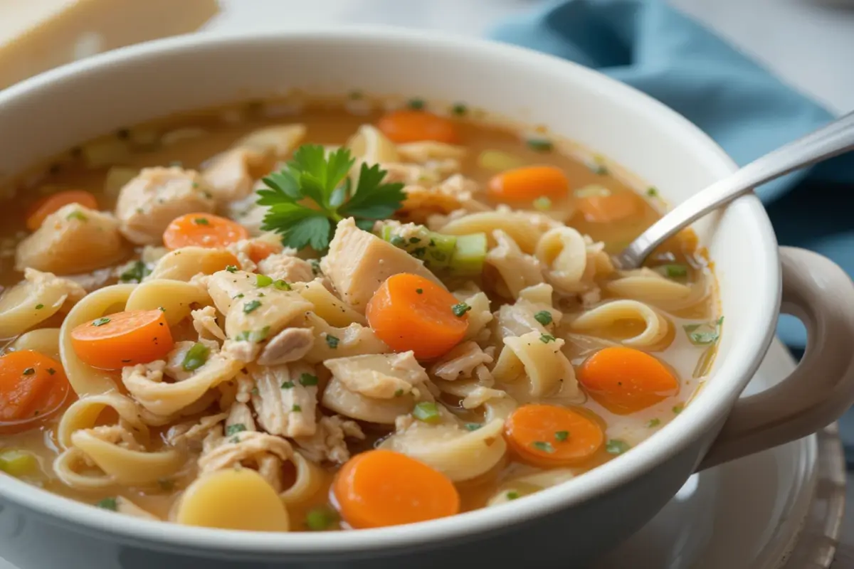 A steaming bowl of chicken noodle soup garnished with fresh parsley, surrounded by sliced carrots and celery. Caption: Nothing beats a bowl of homemade chicken