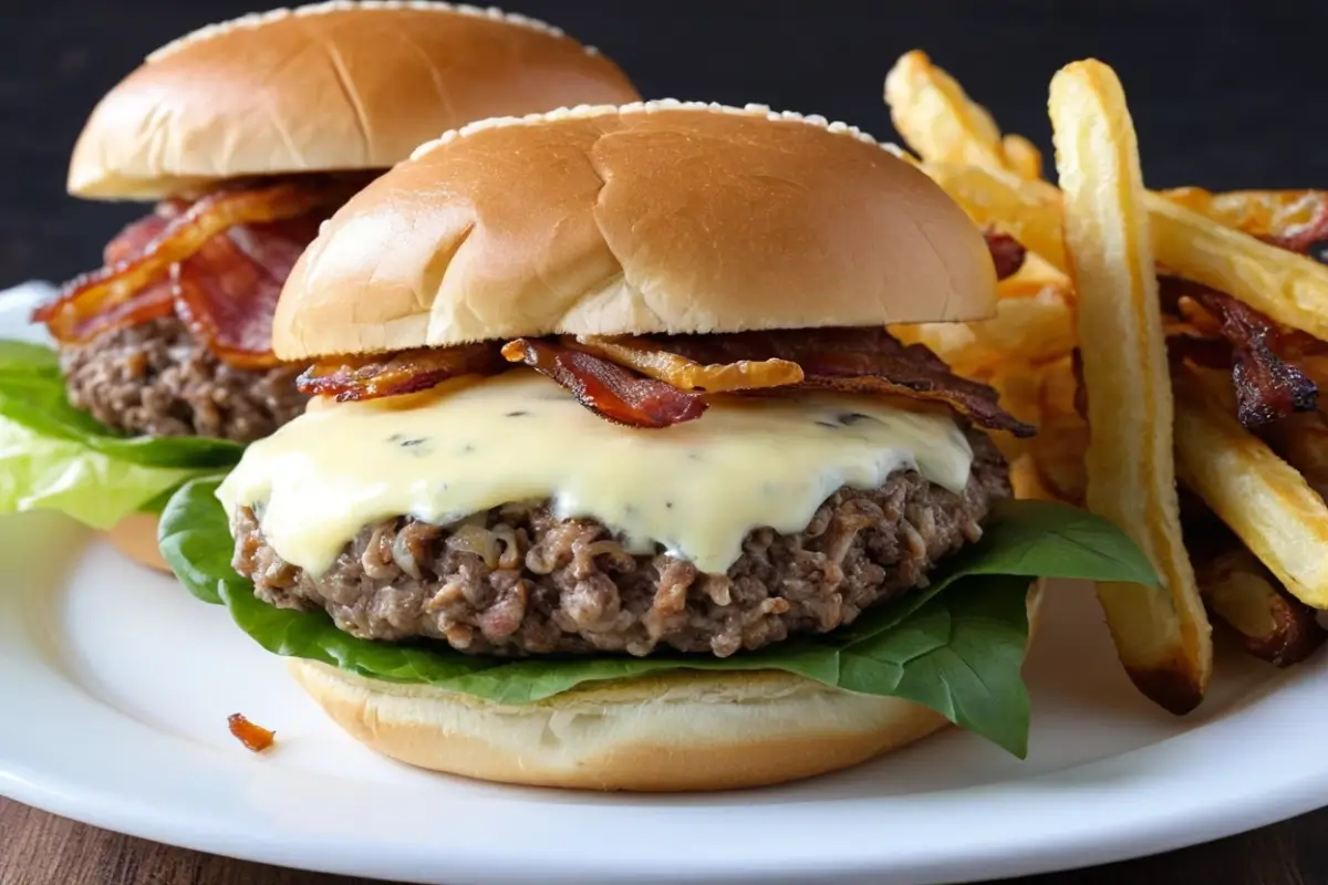 A freshly made crack burger featuring a juicy beef patty, melted cheddar cheese, crispy bacon, fried onions, lettuce, and ranch mayo on a toasted bun.