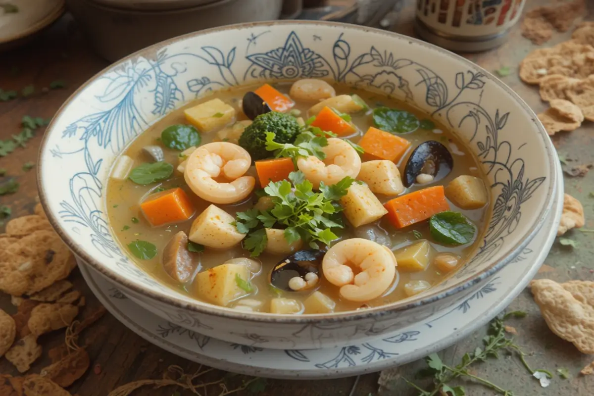 A bowl of seafood light soup garnished with fresh cilantro and served with bread. Caption: Warm, flavorful, and packed with fresh seafood, this light soup is perfect for any occasion. Try the recipe today!