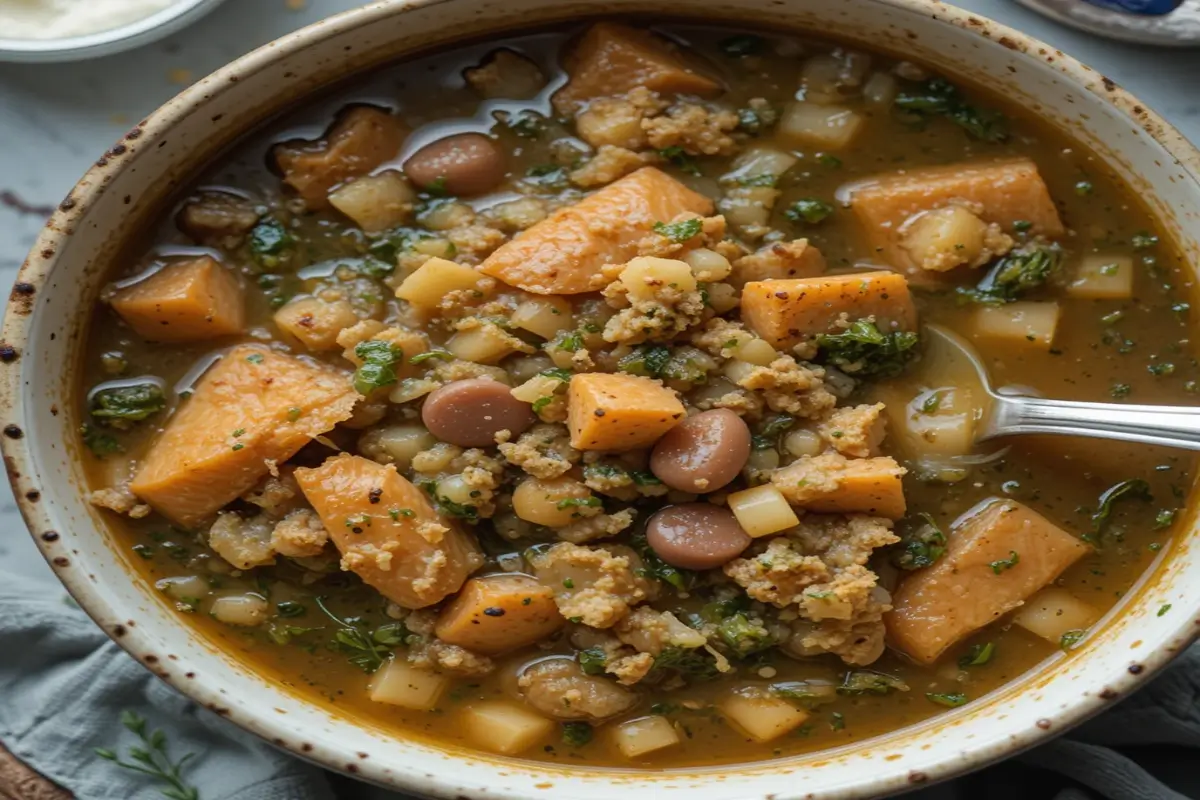 A steaming bowl of swamp soup filled with hearty greens, sausage, and vegetables, served with a slice of crusty bread on the side.