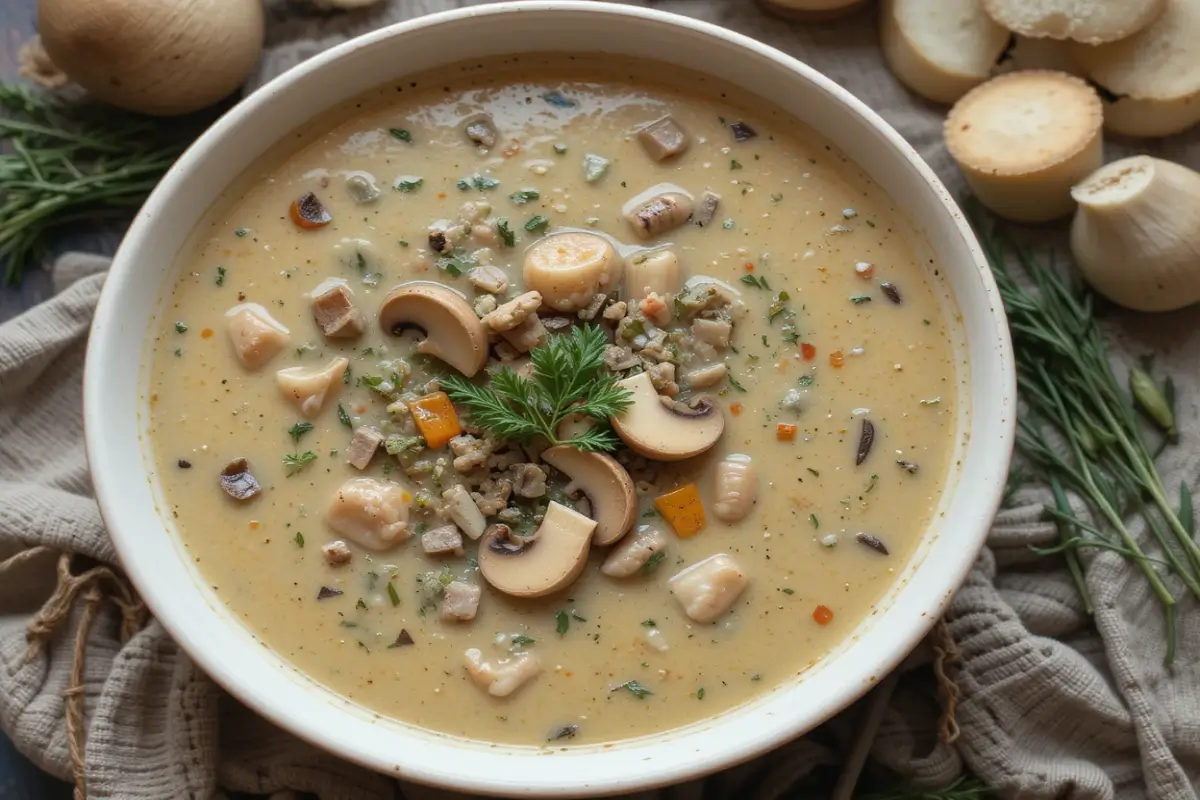 A steaming bowl of creamy mushroom soup garnished with fresh parsley, served with crusty bread on the side. Perfect comfort food for chilly evenings.