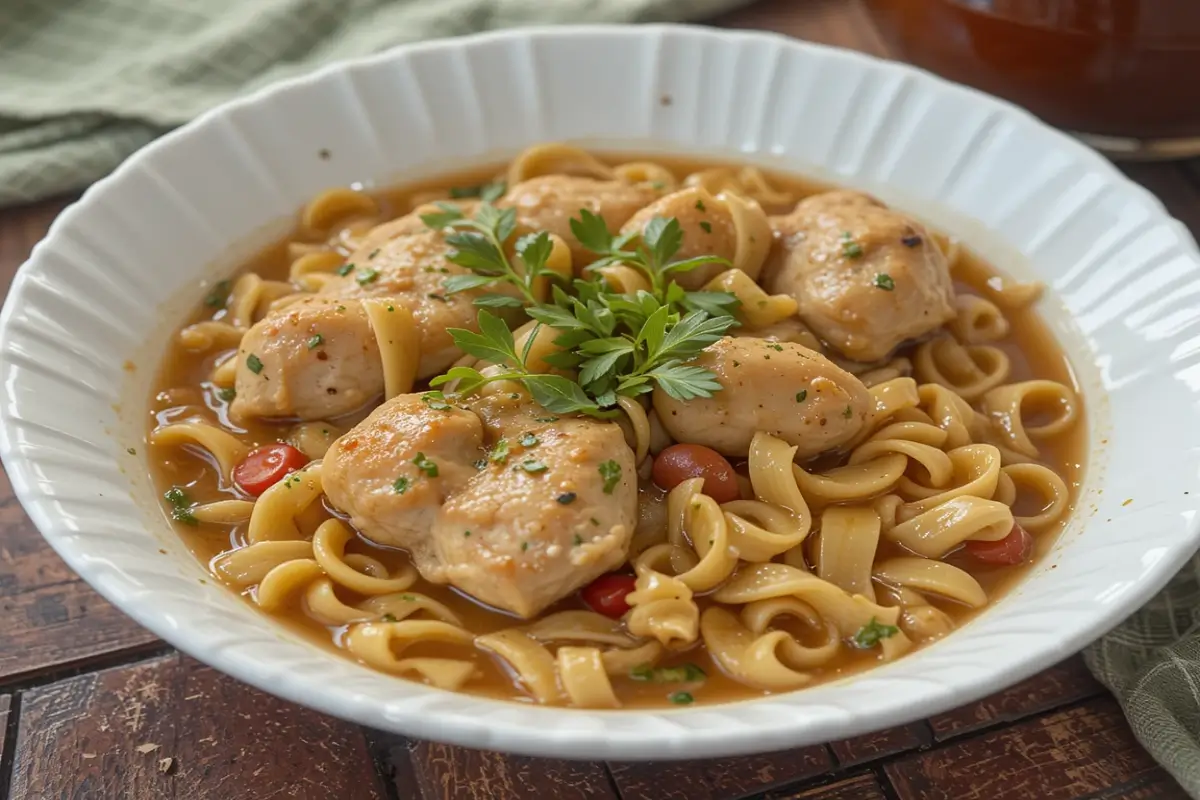 A bowl of Amish Chicken & Noodles with tender chicken, homemade egg noodles, and a savory broth.