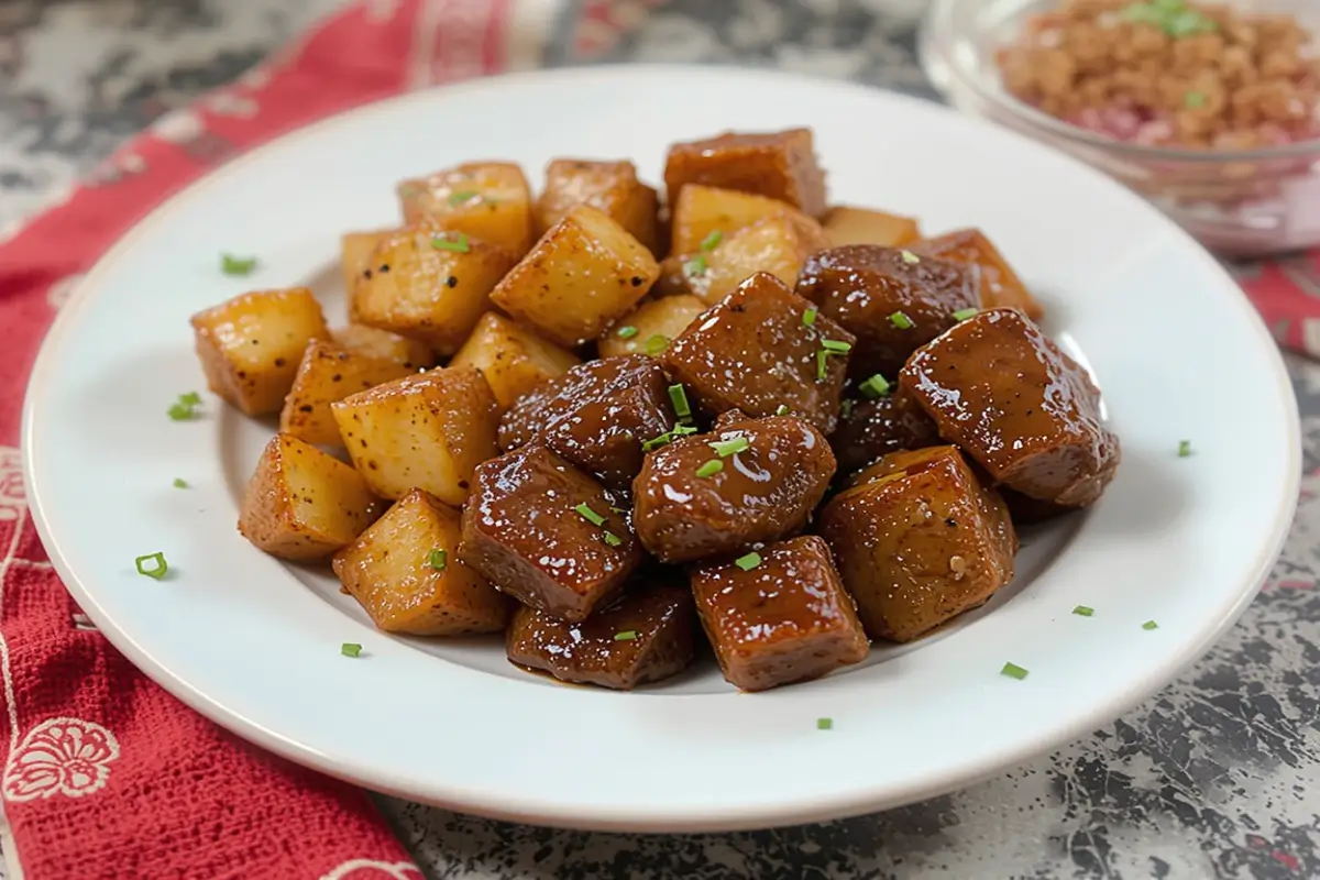 A skillet filled with tender Asian steak bites and crispy golden potatoes, garnished with green onions and sesame seeds.