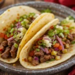 A plate of delicious Beef Tacos with ground beef, lettuce, tomatoes, and cheese, served with lime wedges.