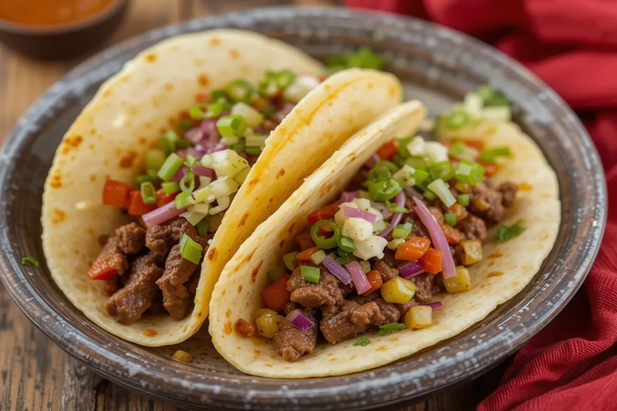 A plate of delicious Beef Tacos with ground beef, lettuce, tomatoes, and cheese, served with lime wedges.