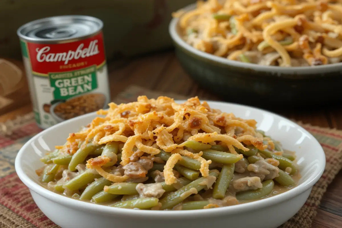 A creamy green bean casserole topped with golden crispy fried onions in a white casserole dish.