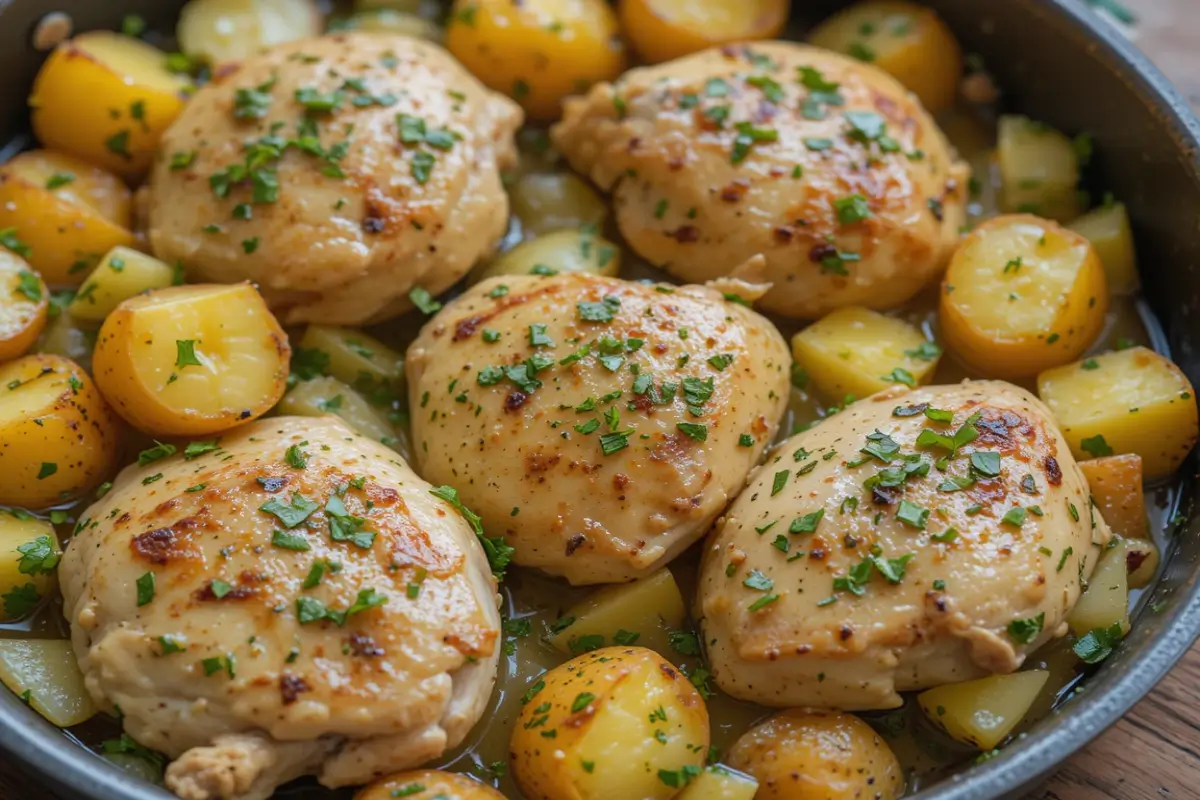 A delicious one-pan garlic herb chicken and potato dish served on a white plate.