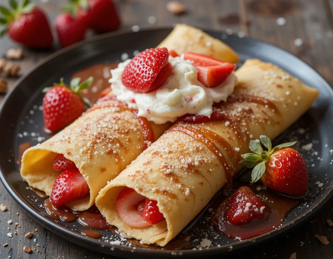 A plate of delicate crepes filled with fresh strawberries and whipped cream, dusted with powdered sugar.