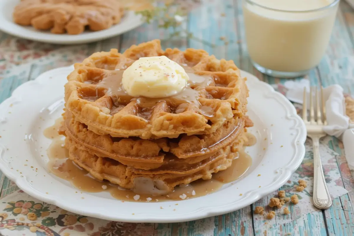 A plate of golden Eggnog Waffles topped with whipped cream and a sprinkle of nutmeg.