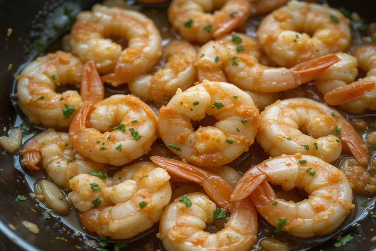 A skillet filled with succulent garlic butter shrimp, garnished with fresh parsley and lemon slices.