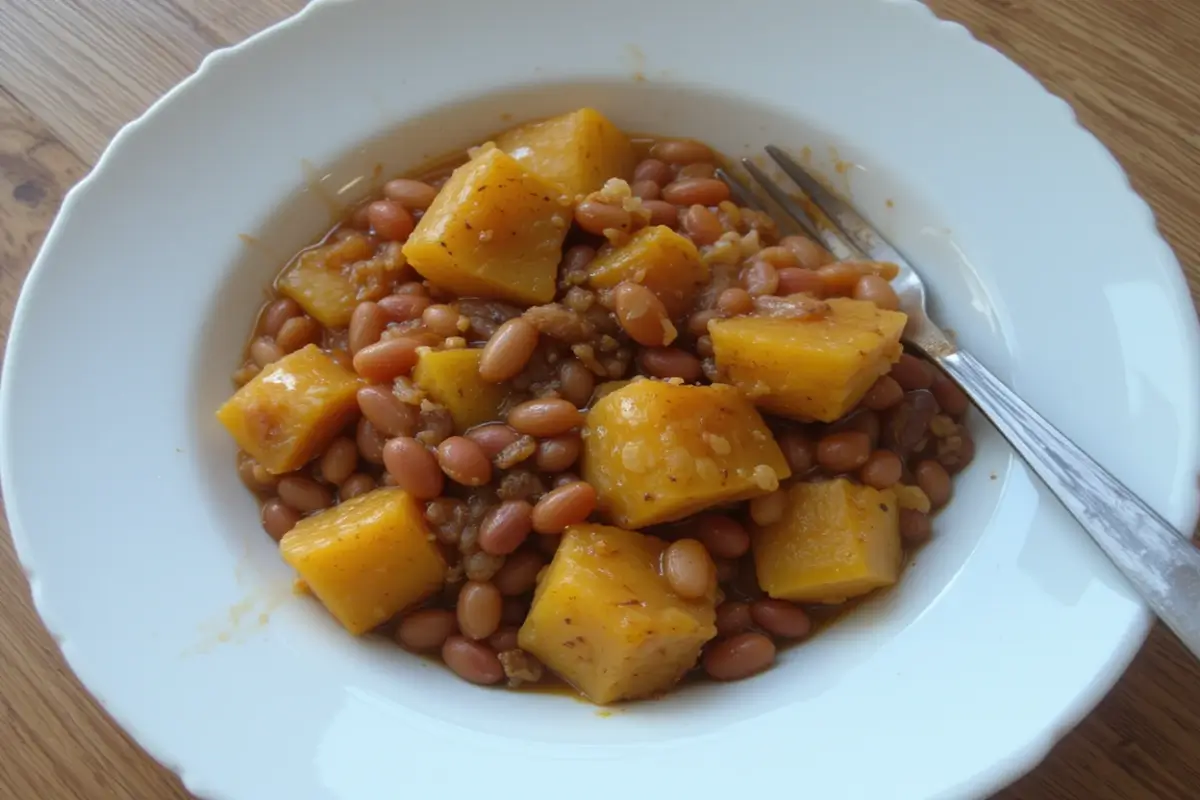 A bowl of hearty squash and kidney beans, garnished with fresh cilantro and lime wedges.