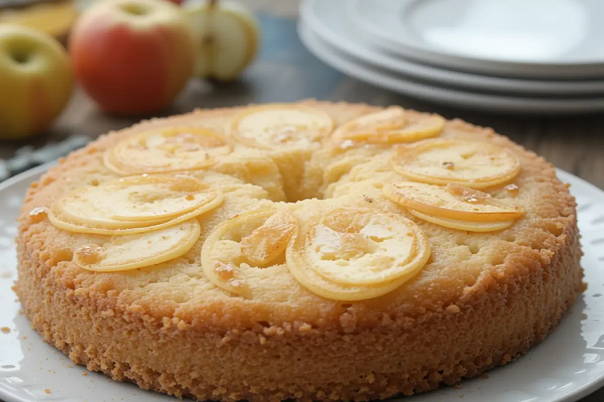 A slice of invisible apple cake on a white plate, dusted with powdered sugar.