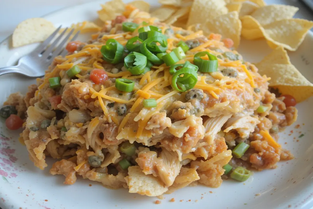 A close-up of a creamy, cheesy King Ranch Chicken casserole with golden melted cheese and crispy tortilla chips.