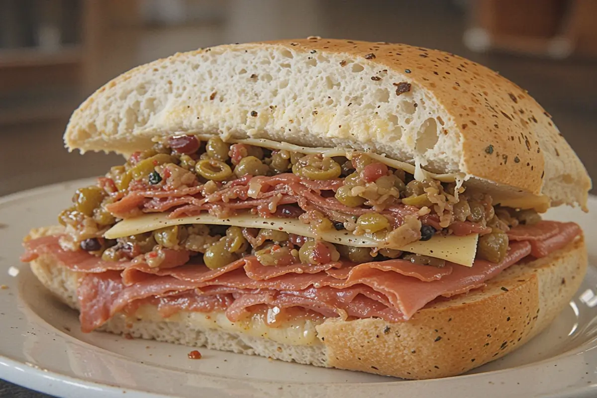 A sliced Muffuletta Sandwich on a wooden board, showcasing layers of meats, cheese, and olive salad.