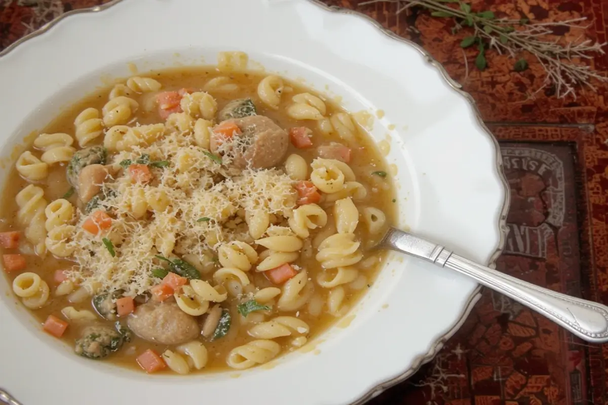 A warm bowl of pastina soup with fresh parsley and Parmesan on top.