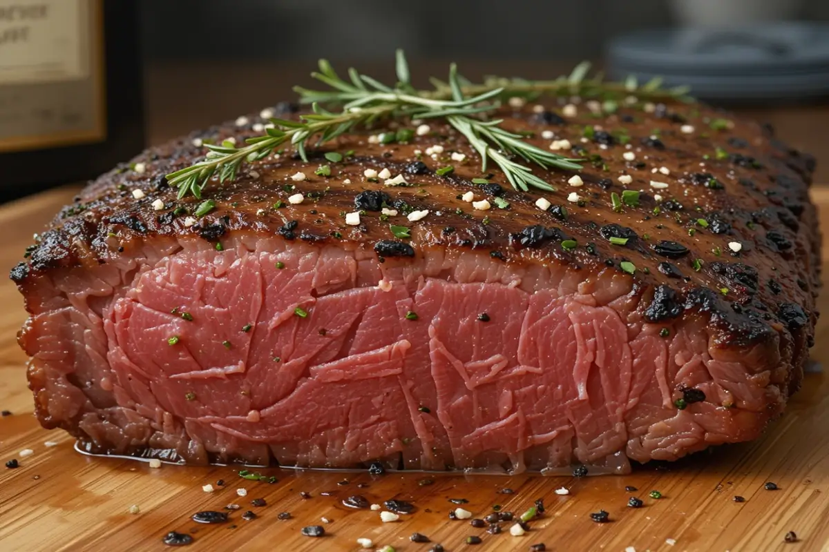 A perfectly cooked ribeye roast on a wooden cutting board, garnished with fresh herbs.