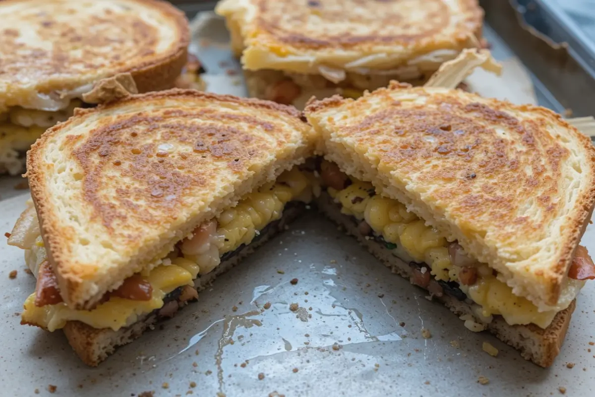 A delicious Sheet Pan Breakfast Egg Sandwich with melted cheese, crispy bread, and a perfectly baked egg.