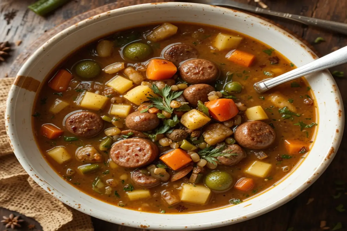 A bowl of Southern Swamp Soup with smoked sausage, okra, and fresh parsley, served over rice.