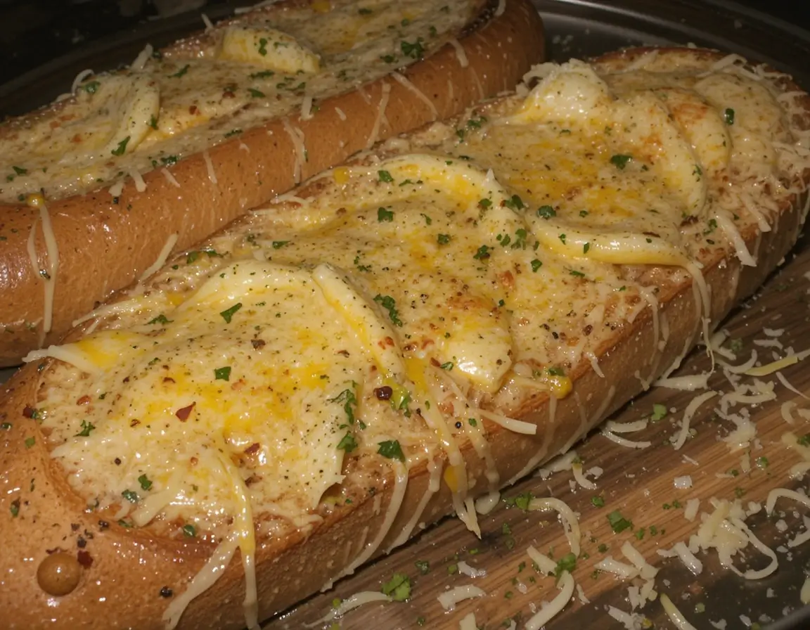 A close-up of freshly baked cheesy garlic bread with melted cheese and golden crust.