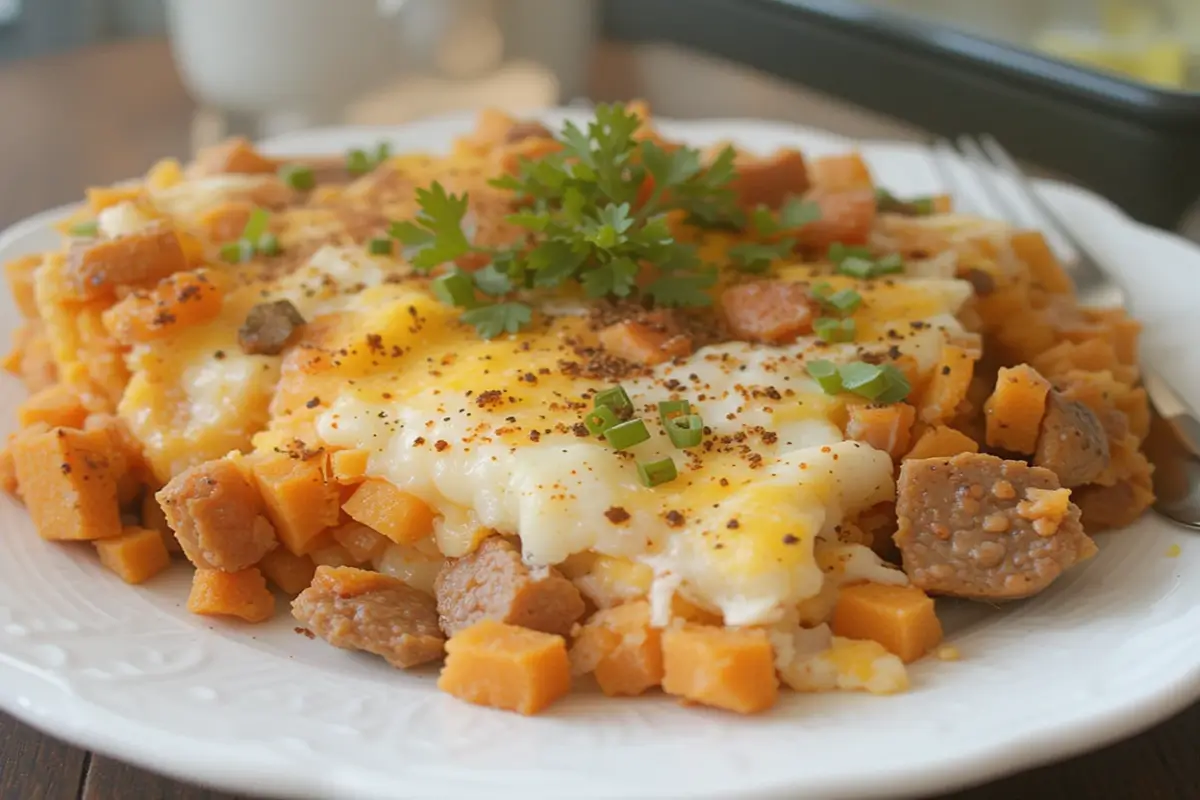 A baked dish featuring sweet potatoes, turkey sausage, and eggs in a ceramic baking dish.